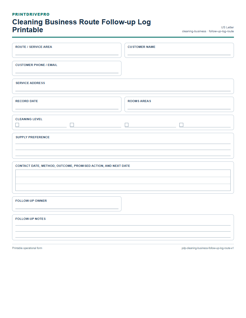 Cleaning Business Route Follow-up Log Printable preview