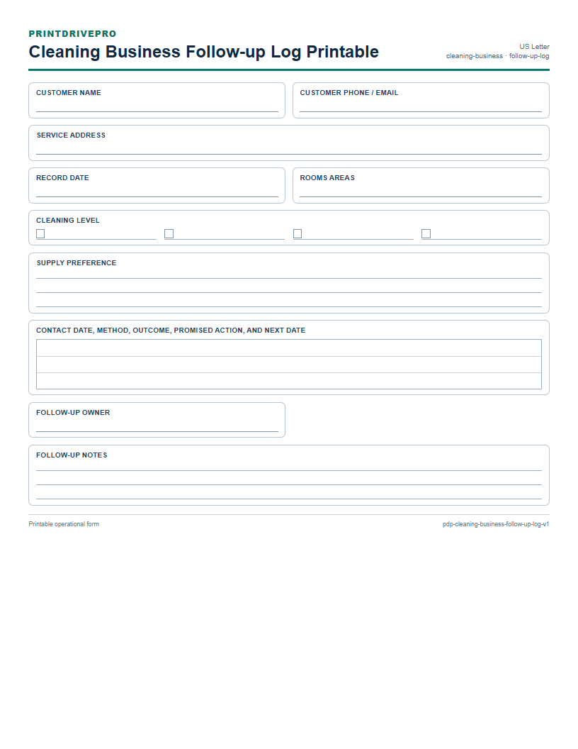 Cleaning Business Follow-up Log Printable preview