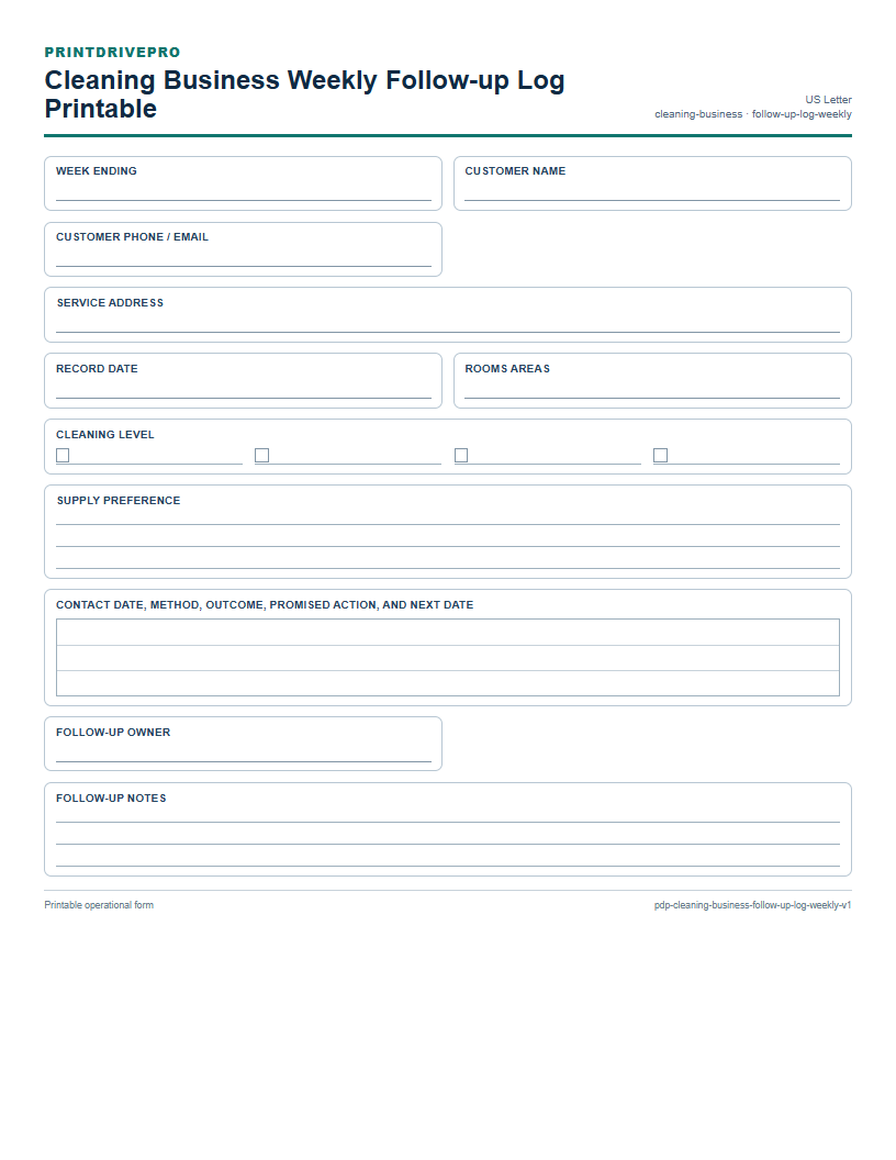 Cleaning Business Weekly Follow-up Log Printable preview