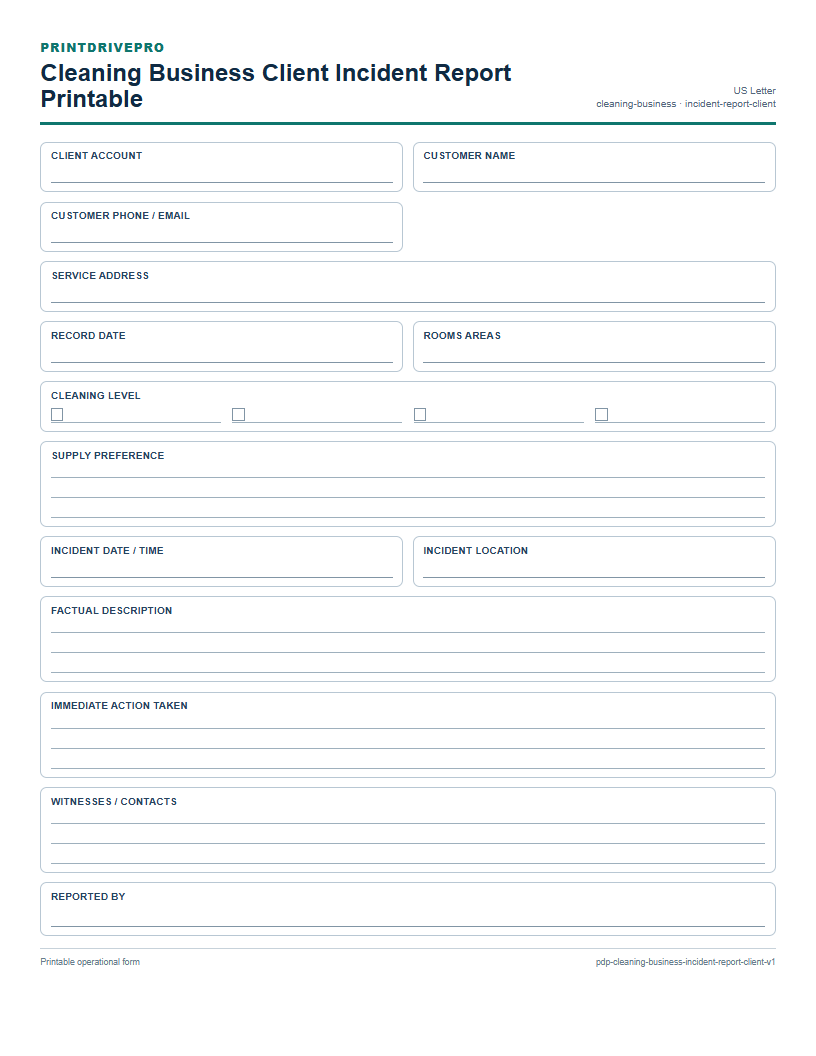 Cleaning Business Client Incident Report Printable preview