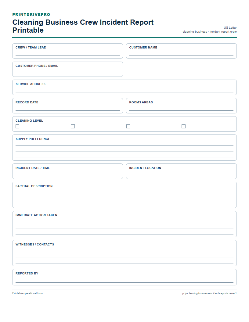 Cleaning Business Crew Incident Report Printable preview