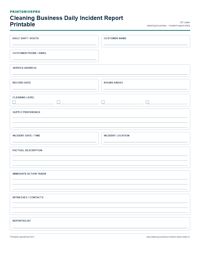 Cleaning Business Daily Incident Report Printable preview