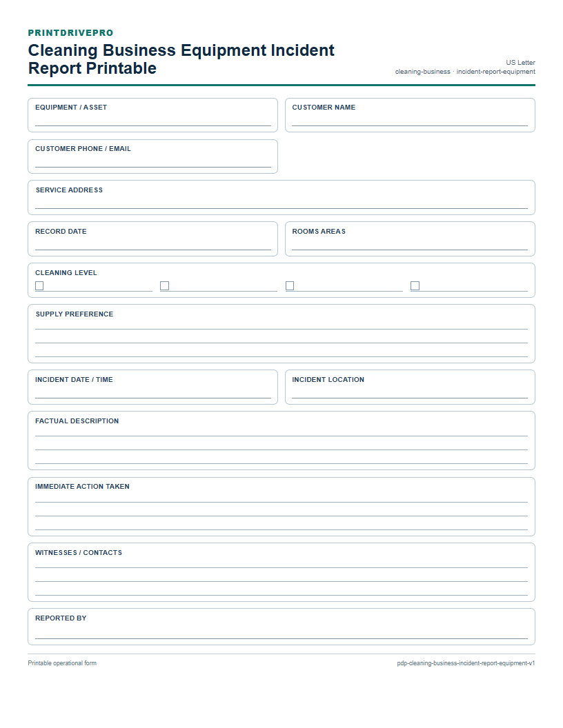 Cleaning Business Equipment Incident Report Printable preview
