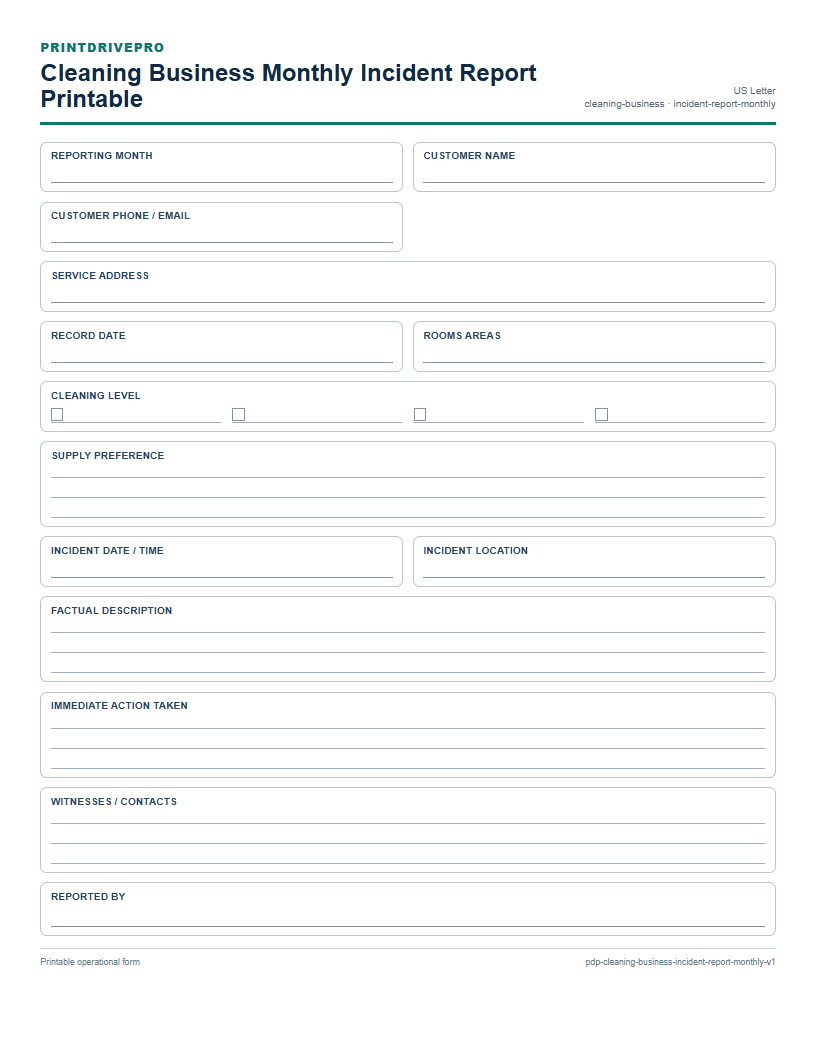 Cleaning Business Monthly Incident Report Printable preview