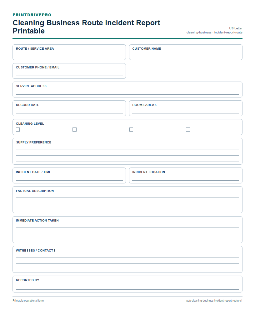 Cleaning Business Route Incident Report Printable preview