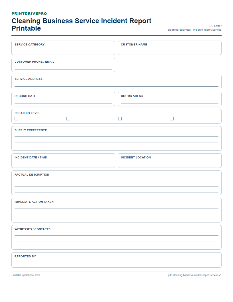 Cleaning Business Service Incident Report Printable preview