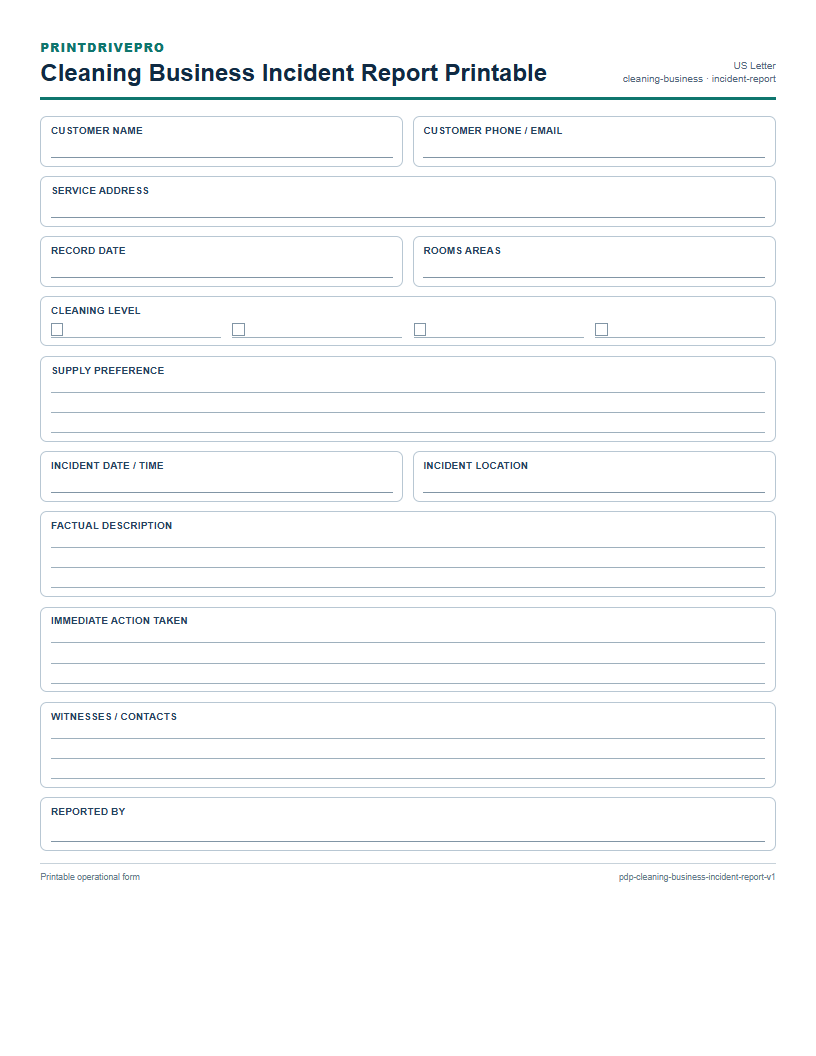 Cleaning Business Incident Report Printable preview