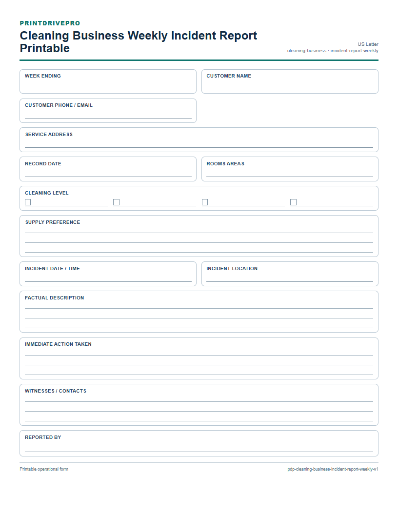 Cleaning Business Weekly Incident Report Printable preview