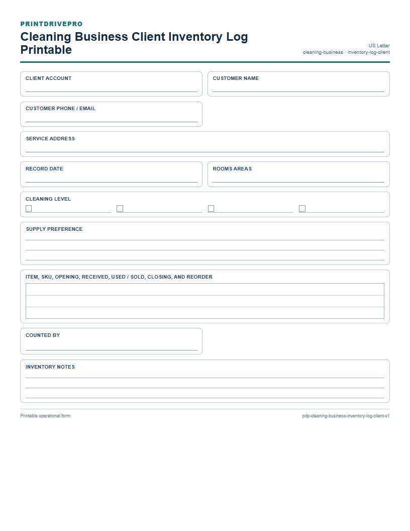 Cleaning Business Client Inventory Log Printable preview