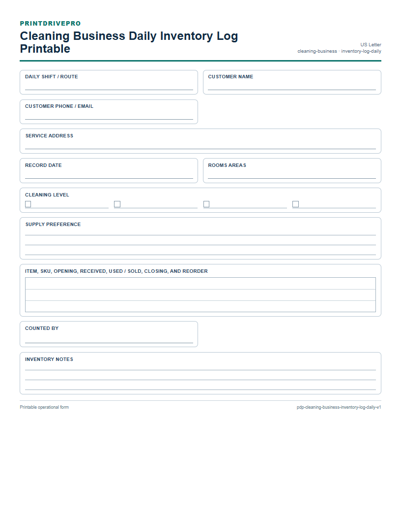 Cleaning Business Daily Inventory Log Printable preview