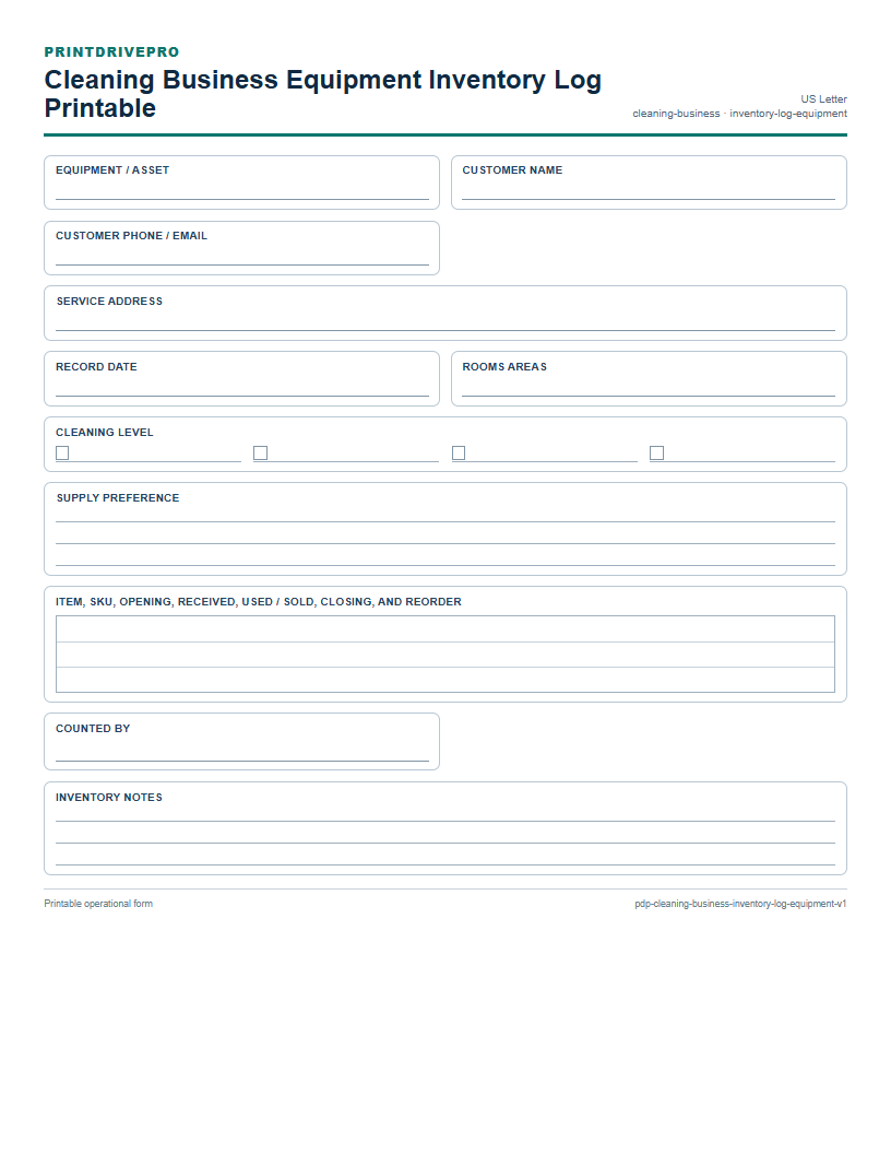 Cleaning Business Equipment Inventory Log Printable preview