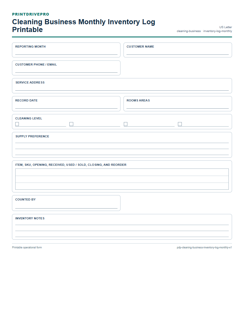 Cleaning Business Monthly Inventory Log Printable preview