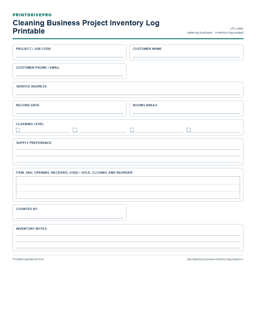 Cleaning Business Project Inventory Log Printable preview