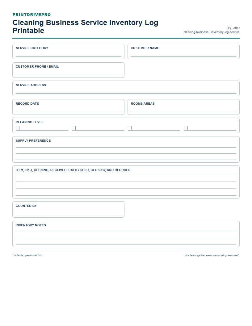 Cleaning Business Service Inventory Log Printable preview