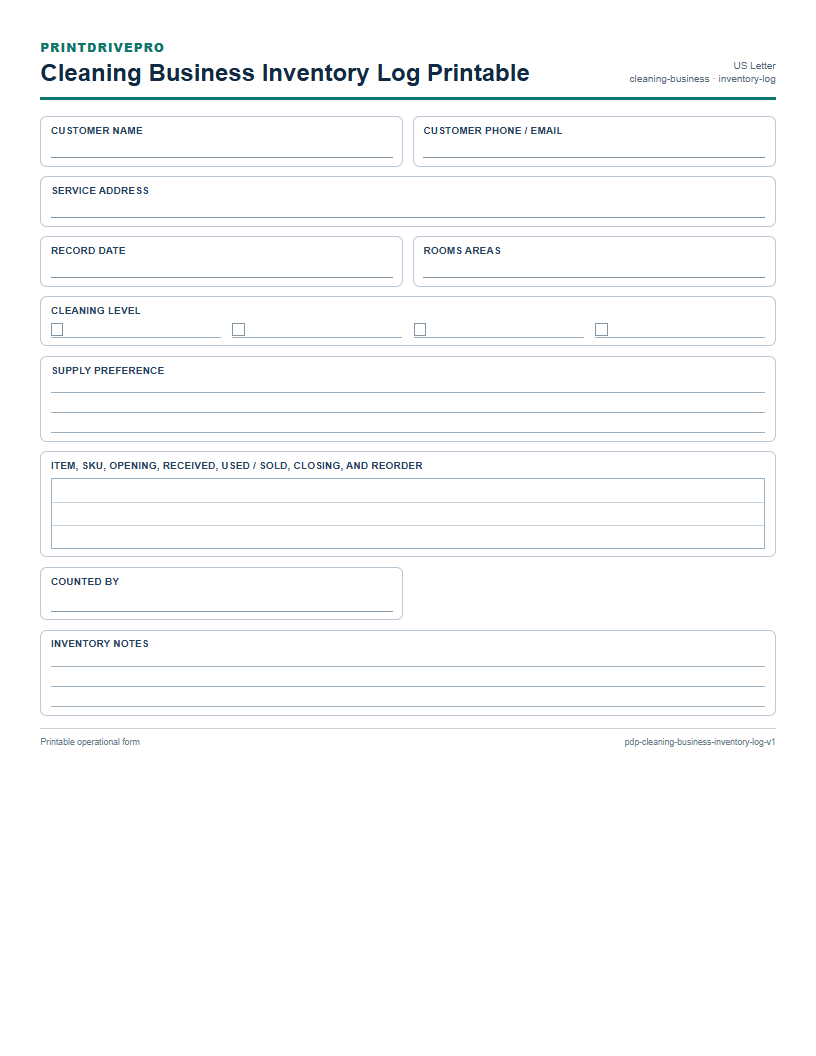 Cleaning Business Inventory Log Printable preview