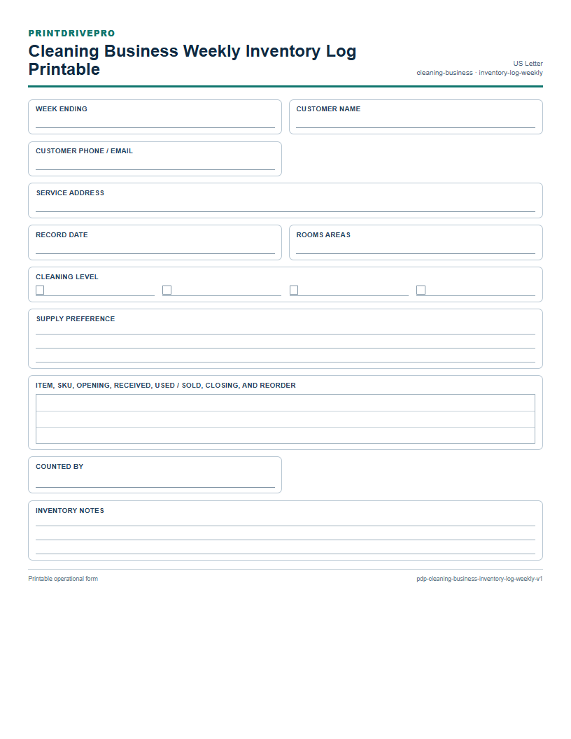 Cleaning Business Weekly Inventory Log Printable preview