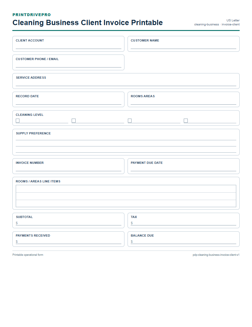 Cleaning Business Client Invoice Printable preview