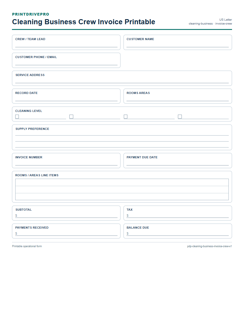 Cleaning Business Crew Invoice Printable preview