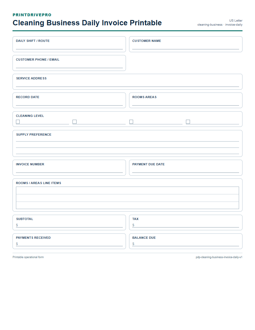 Cleaning Business Daily Invoice Printable preview