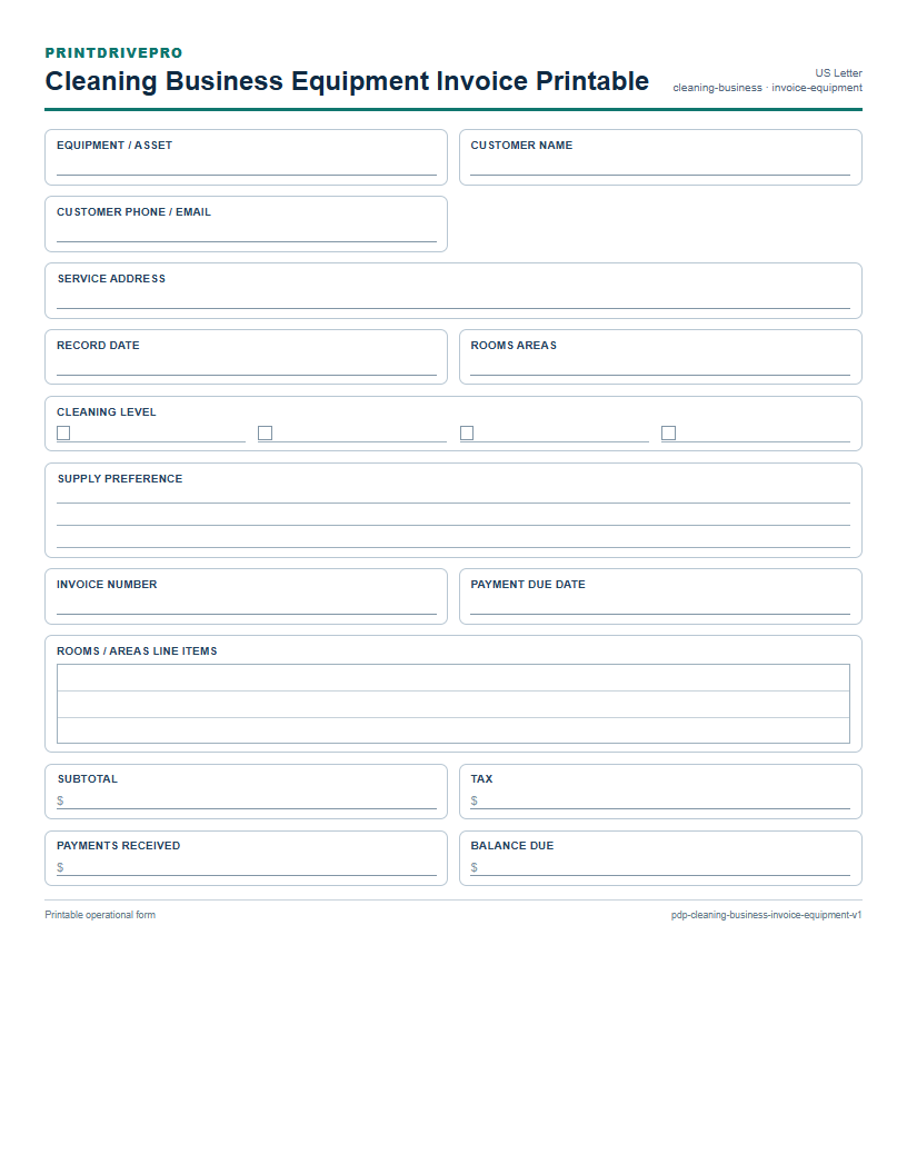 Cleaning Business Equipment Invoice Printable preview