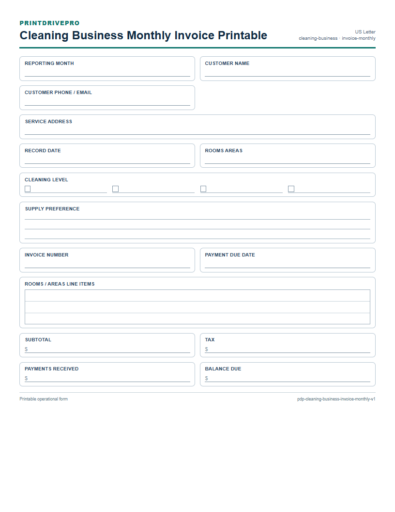Cleaning Business Monthly Invoice Printable preview