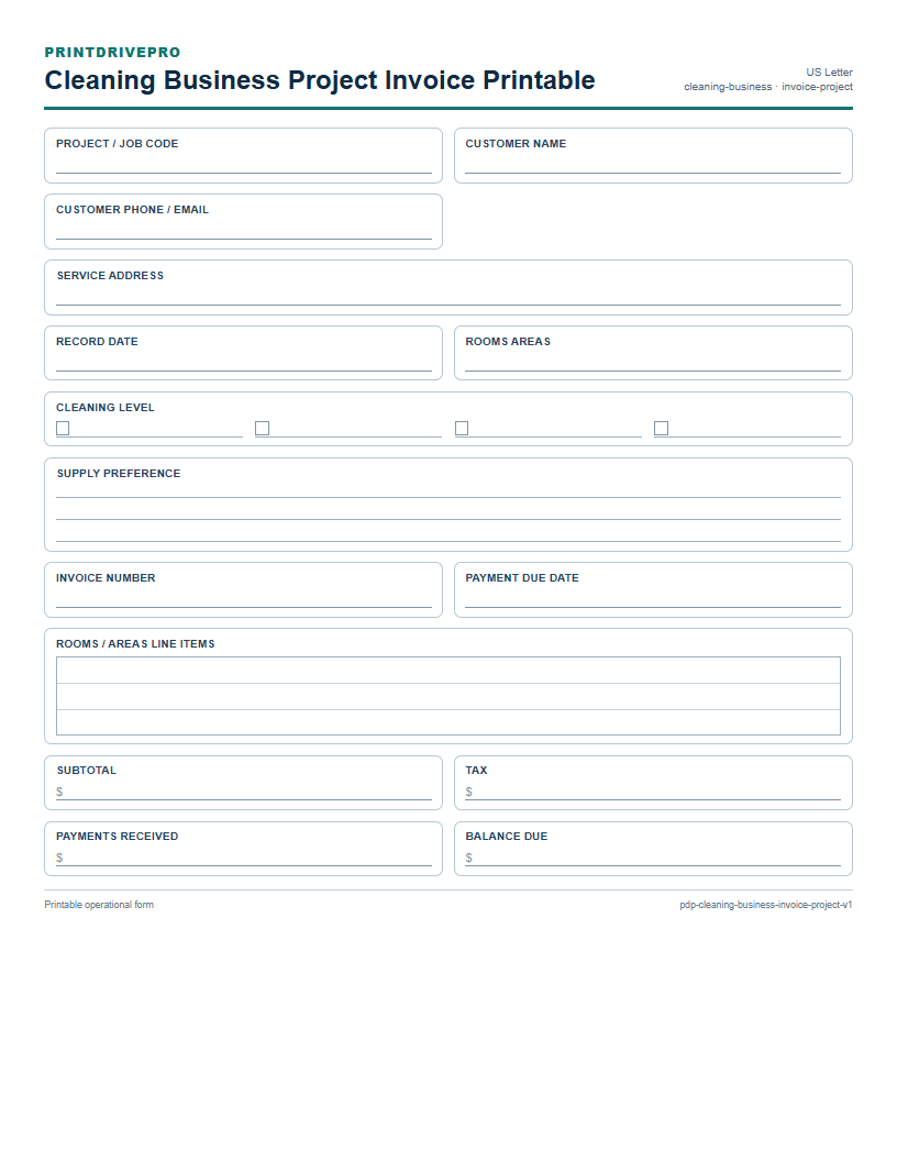 Cleaning Business Project Invoice Printable preview