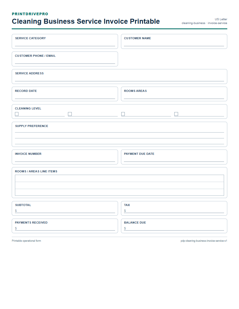 Cleaning Business Service Invoice Printable preview
