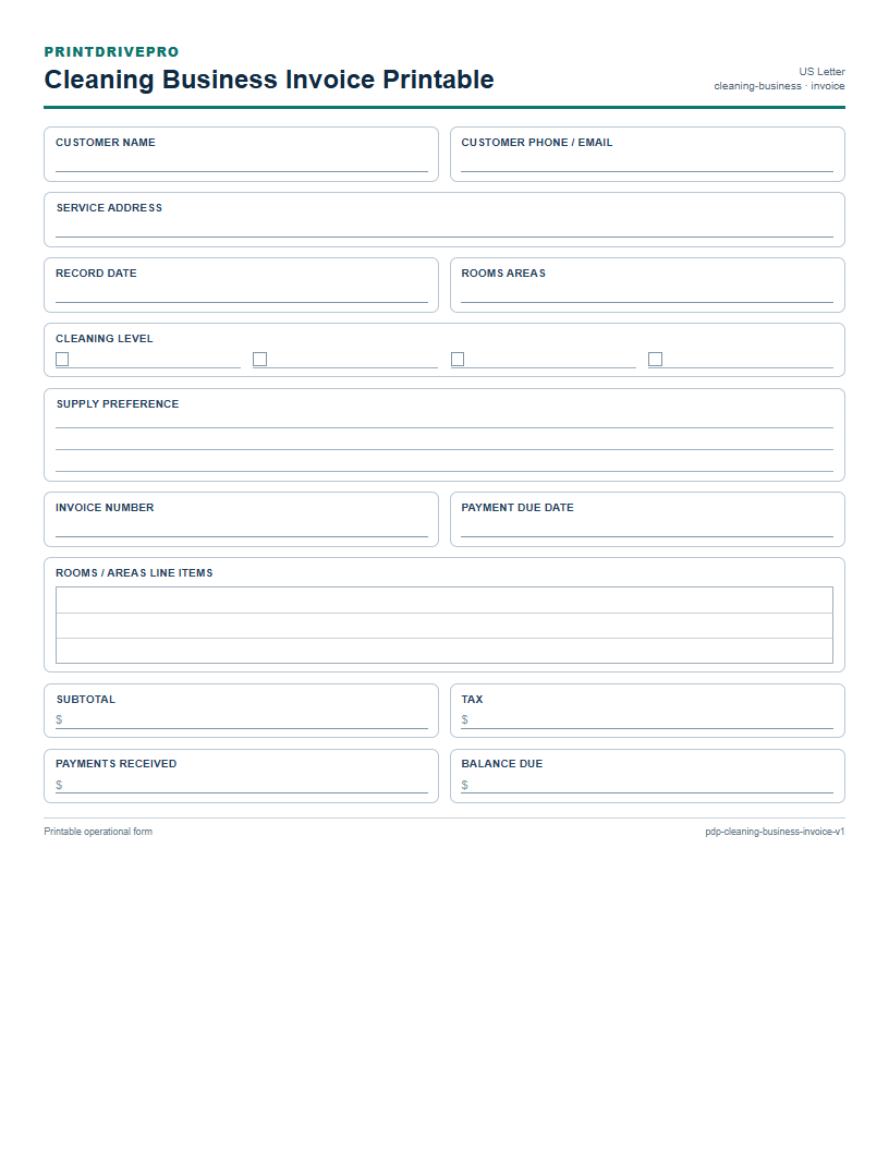Cleaning Business Invoice Printable preview