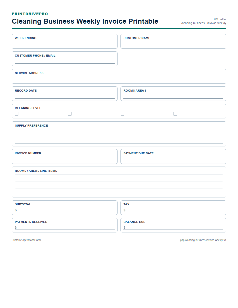 Cleaning Business Weekly Invoice Printable preview