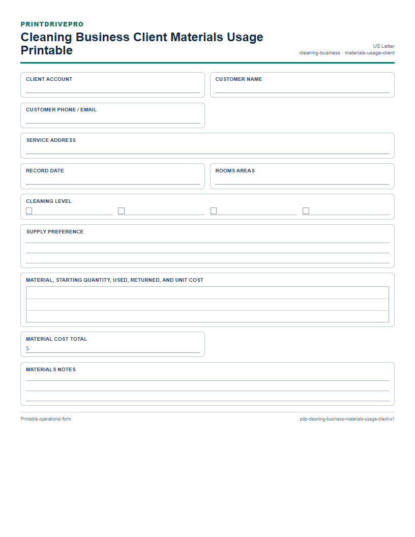 Cleaning Business Client Materials Usage Printable preview