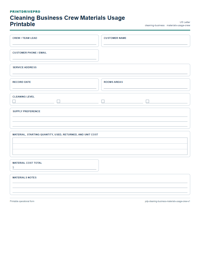 Cleaning Business Crew Materials Usage Printable preview