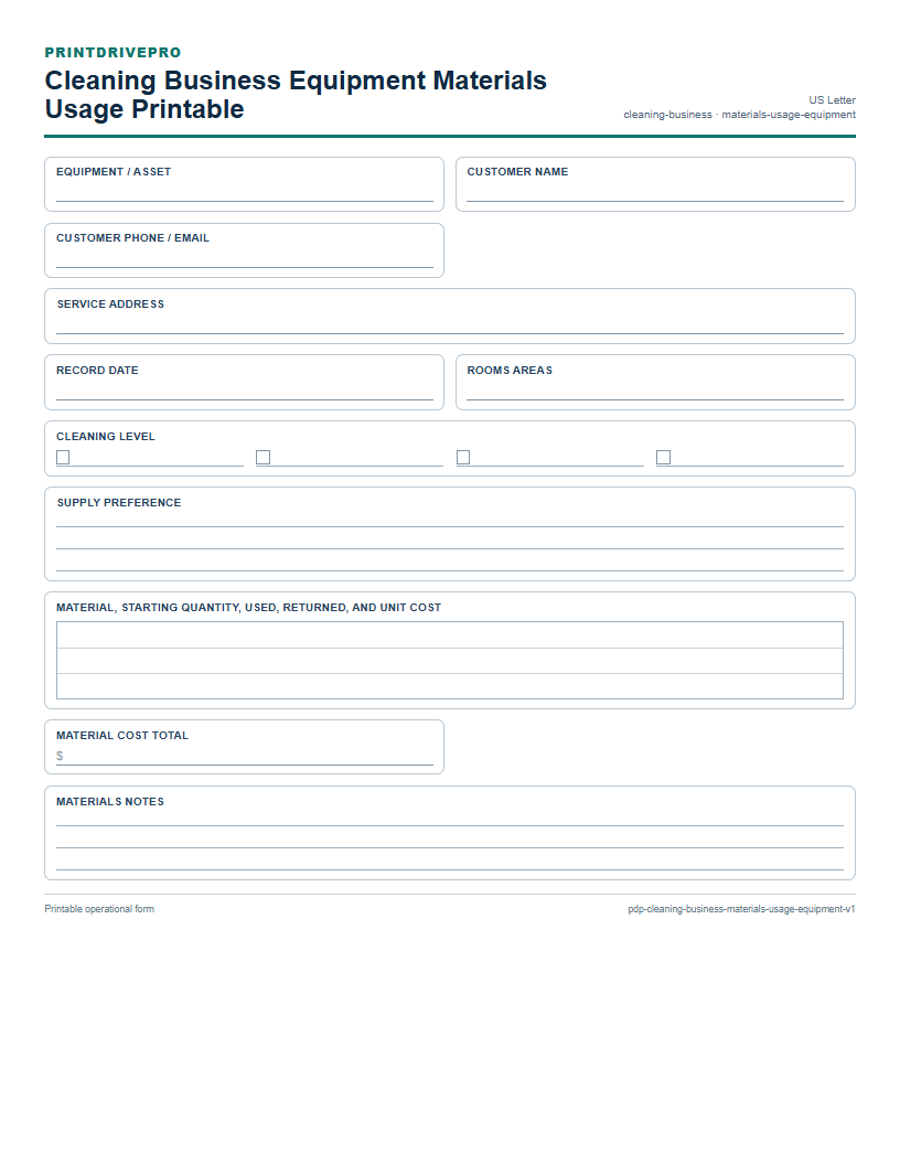 Cleaning Business Equipment Materials Usage Printable preview