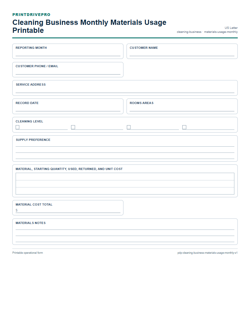 Cleaning Business Monthly Materials Usage Printable preview