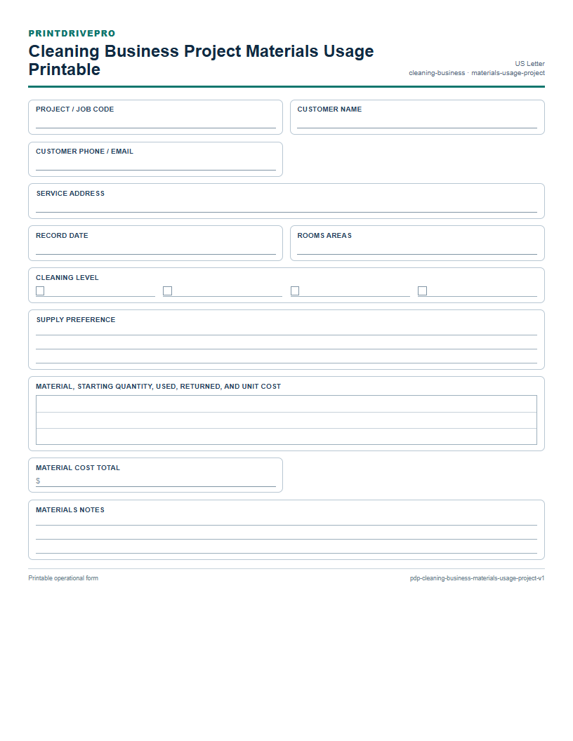 Cleaning Business Project Materials Usage Printable preview