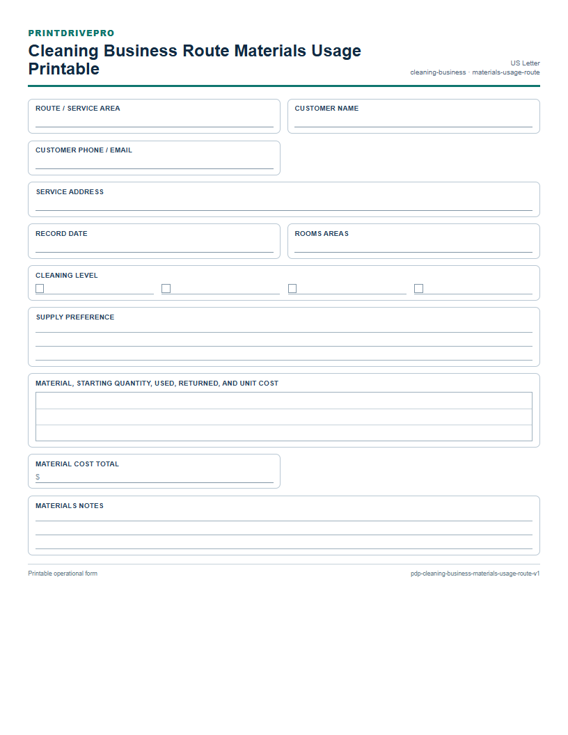 Cleaning Business Route Materials Usage Printable preview