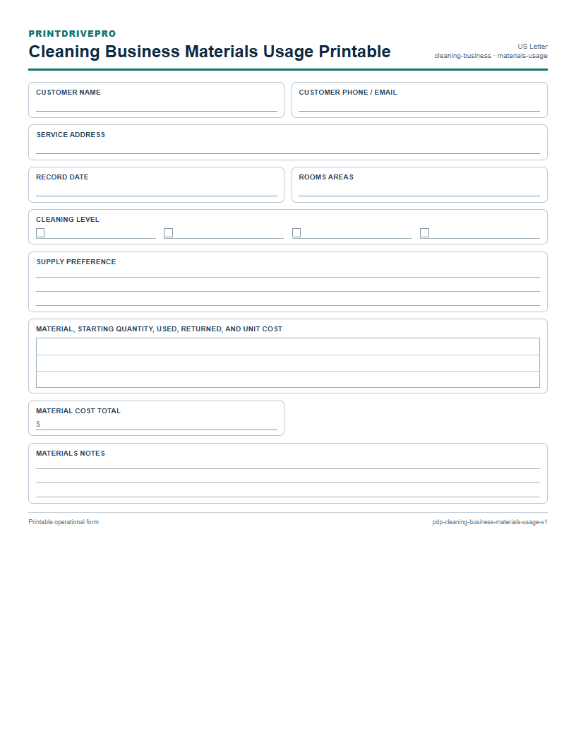Cleaning Business Materials Usage Printable preview