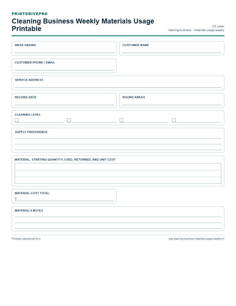Cleaning Business Weekly Materials Usage Printable preview