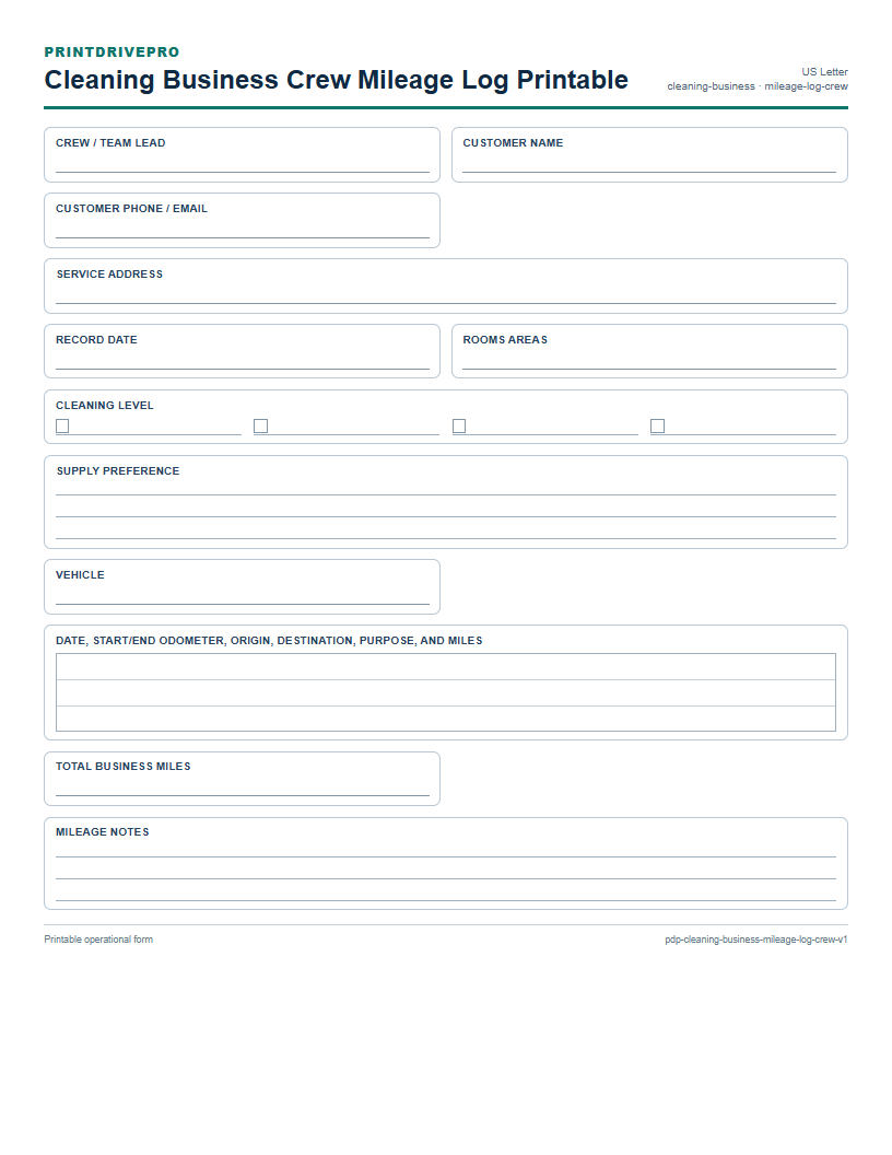 Cleaning Business Crew Mileage Log Printable preview
