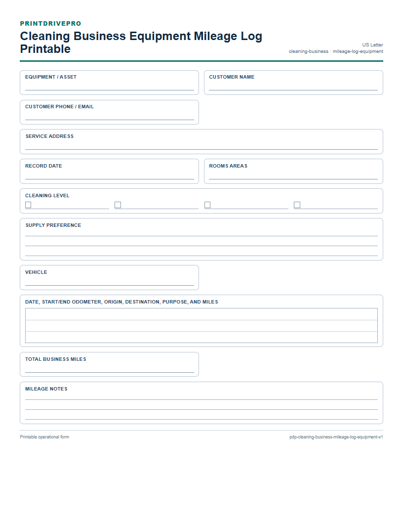 Cleaning Business Equipment Mileage Log Printable preview