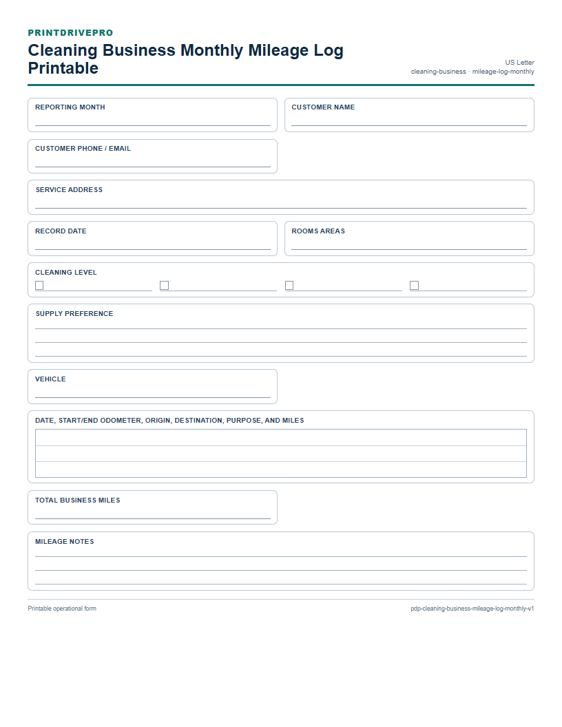 Cleaning Business Monthly Mileage Log Printable preview