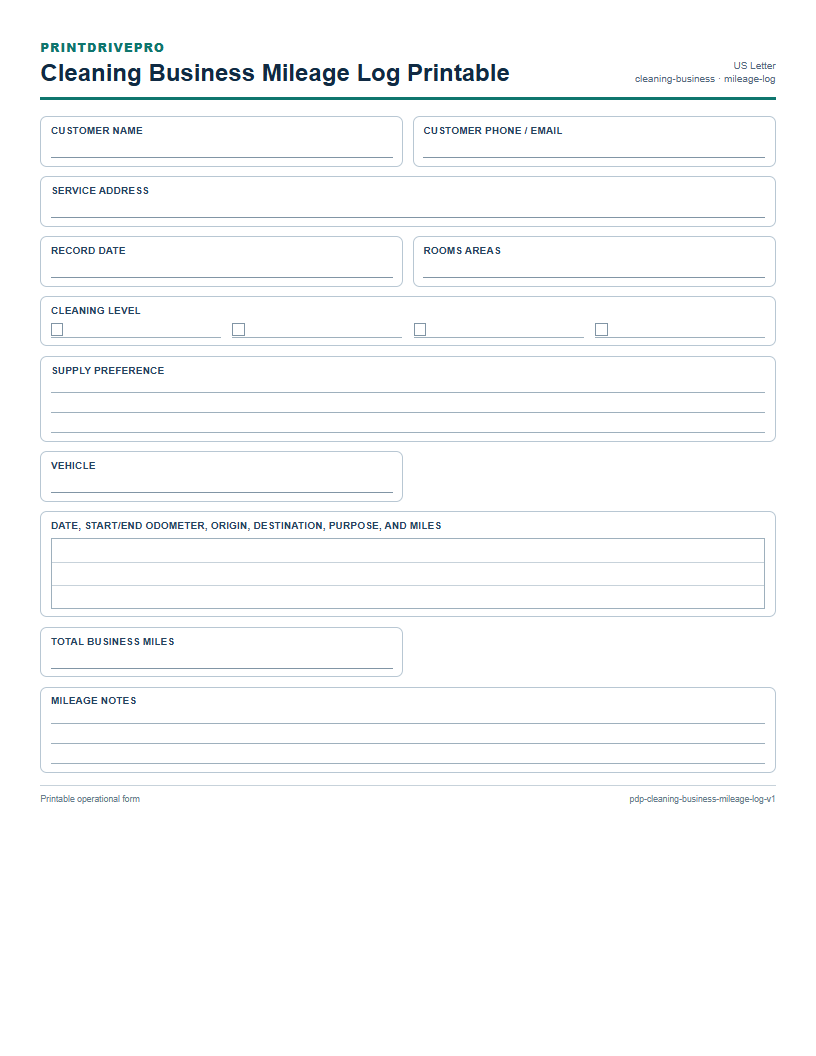 Cleaning Business Mileage Log Printable preview