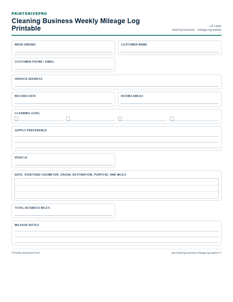 Cleaning Business Weekly Mileage Log Printable preview