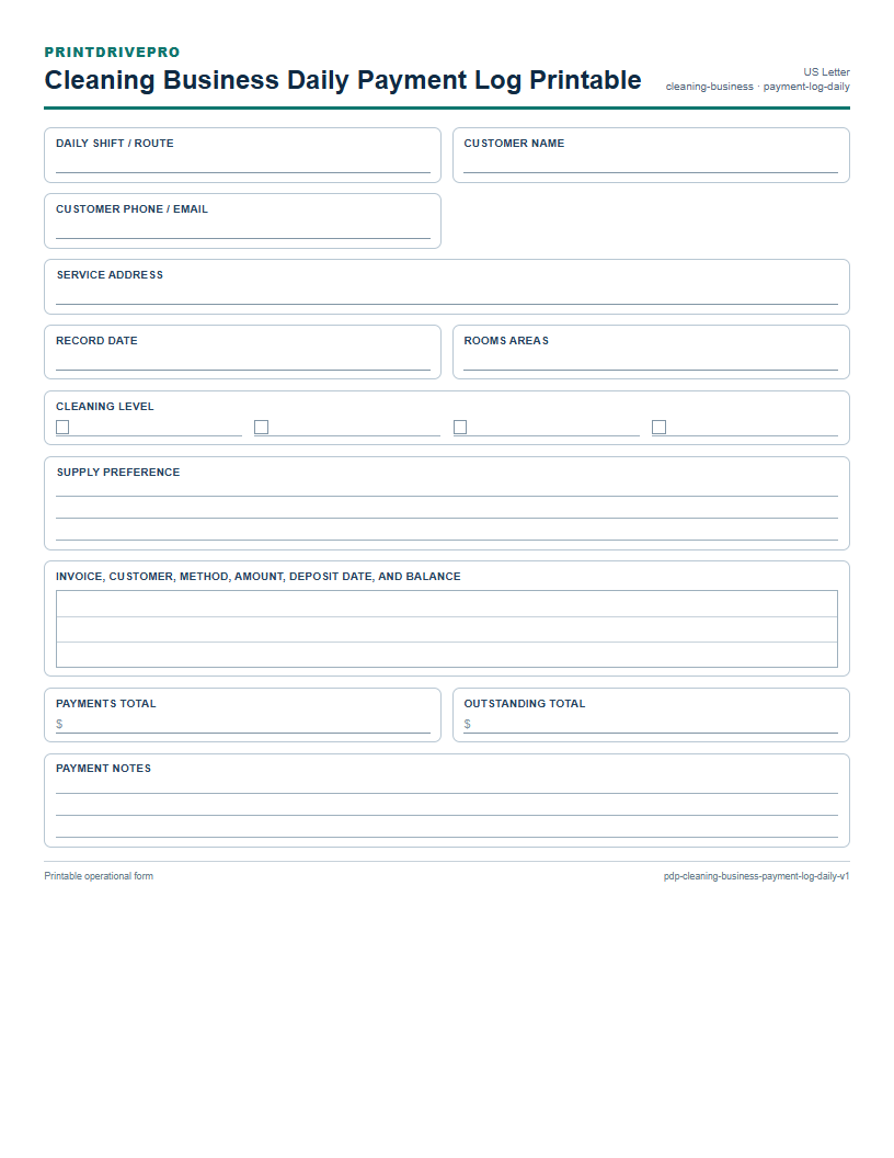 Cleaning Business Daily Payment Log Printable preview