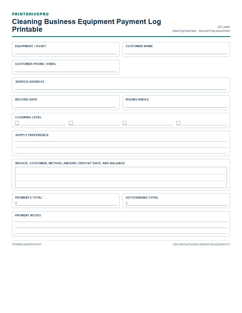 Cleaning Business Equipment Payment Log Printable preview