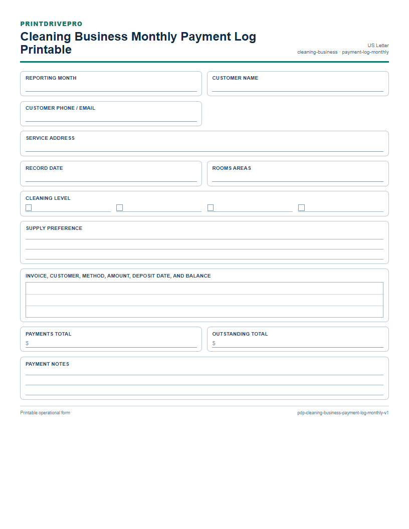 Cleaning Business Monthly Payment Log Printable preview