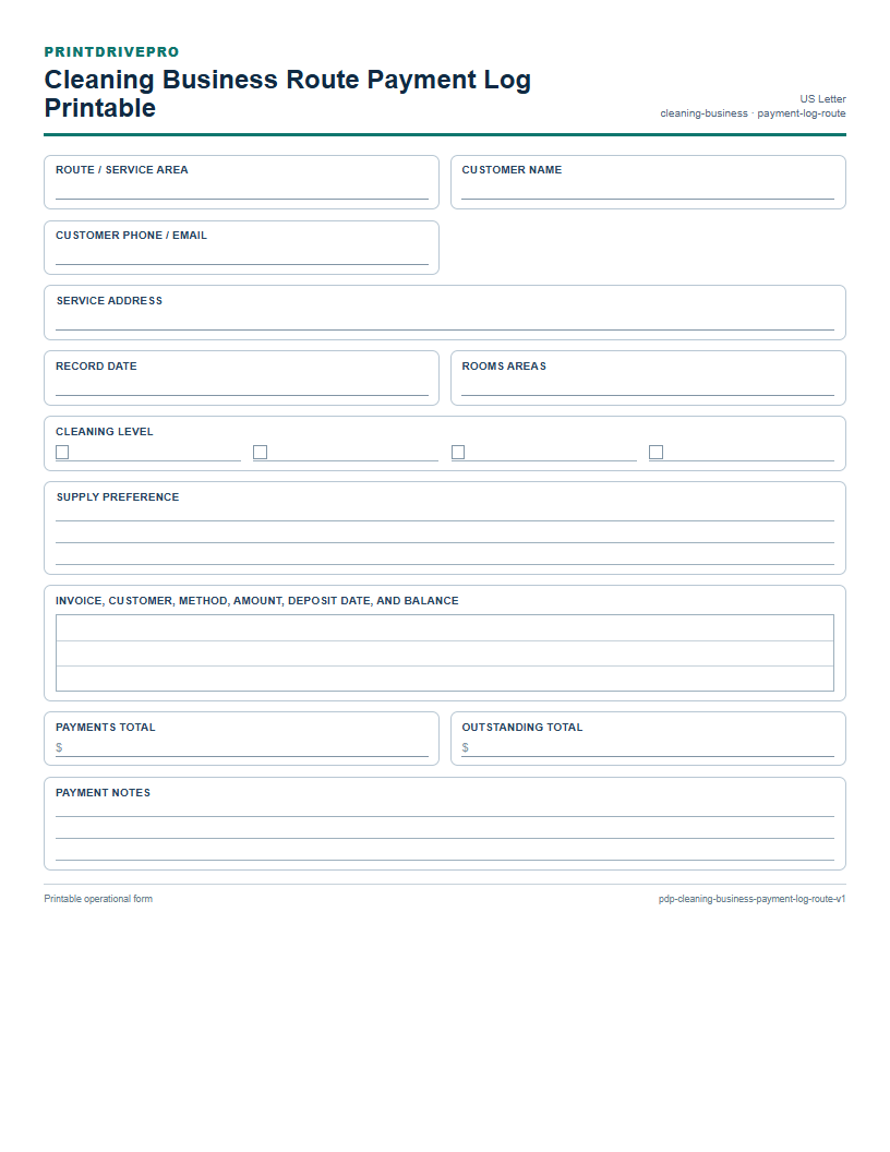Cleaning Business Route Payment Log Printable preview