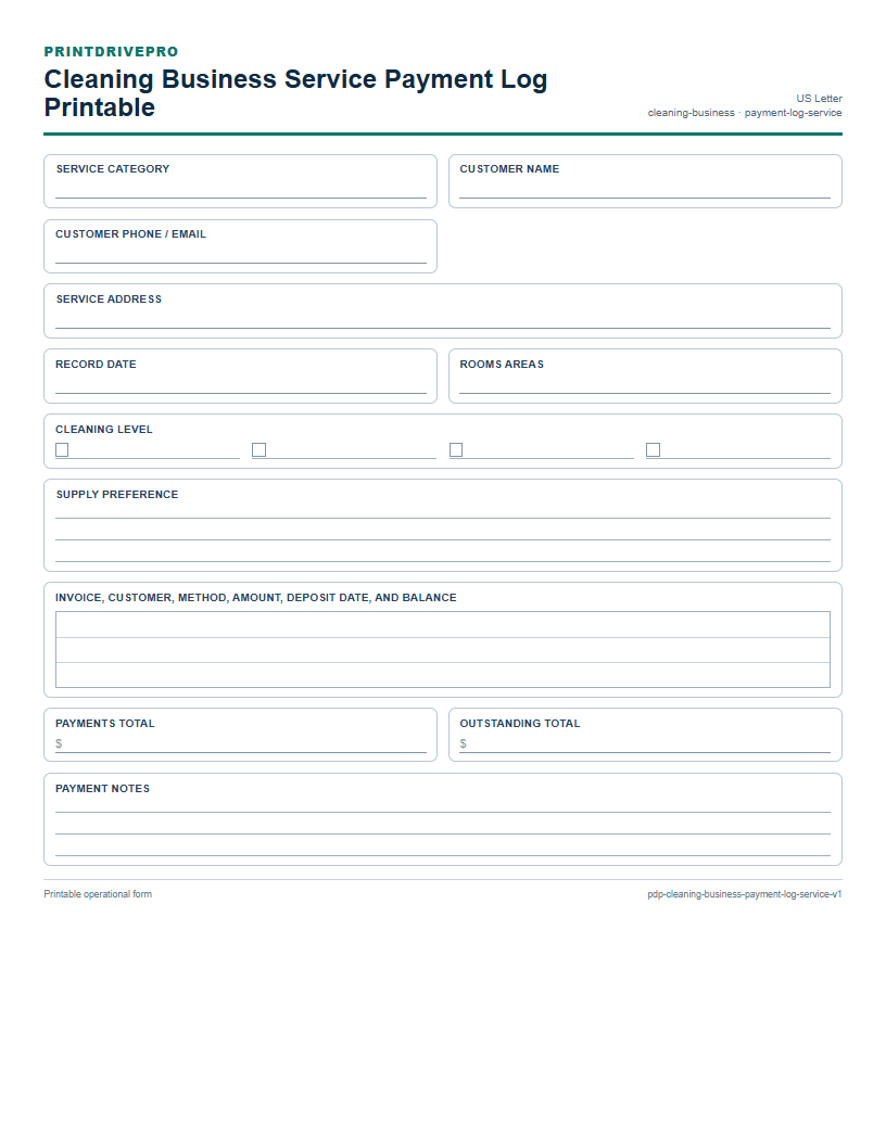 Cleaning Business Service Payment Log Printable preview