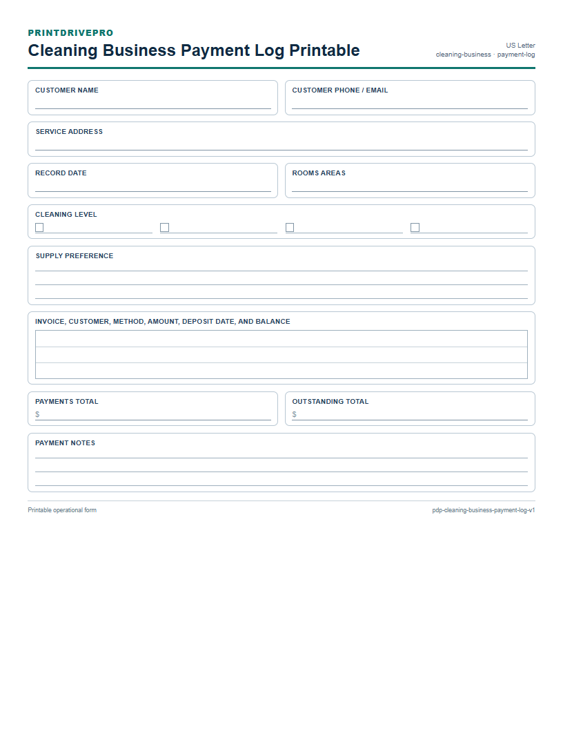 Cleaning Business Payment Log Printable preview