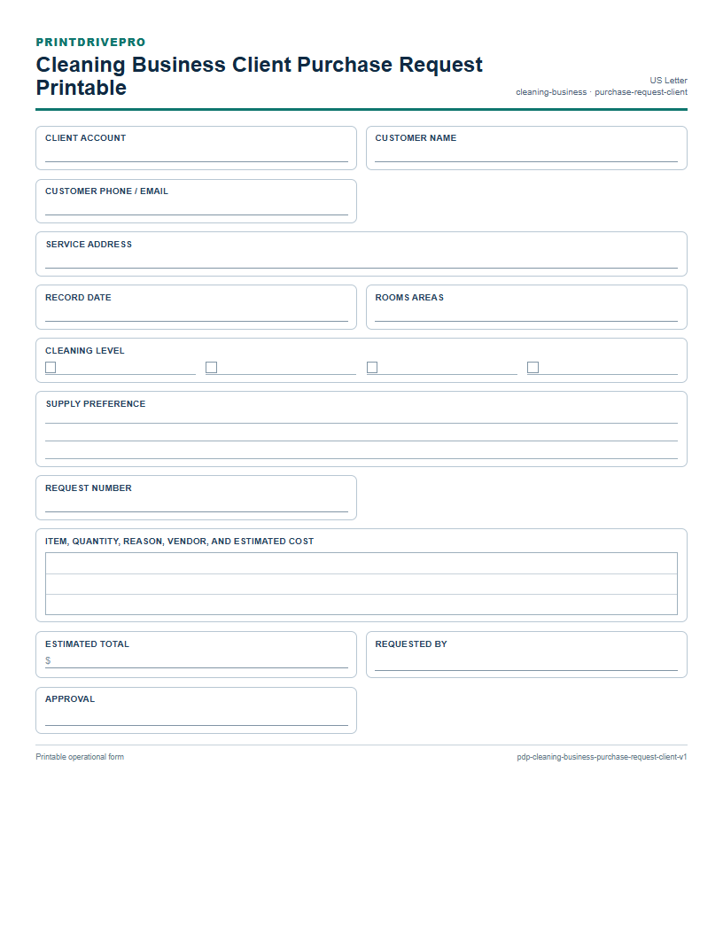 Cleaning Business Client Purchase Request Printable preview