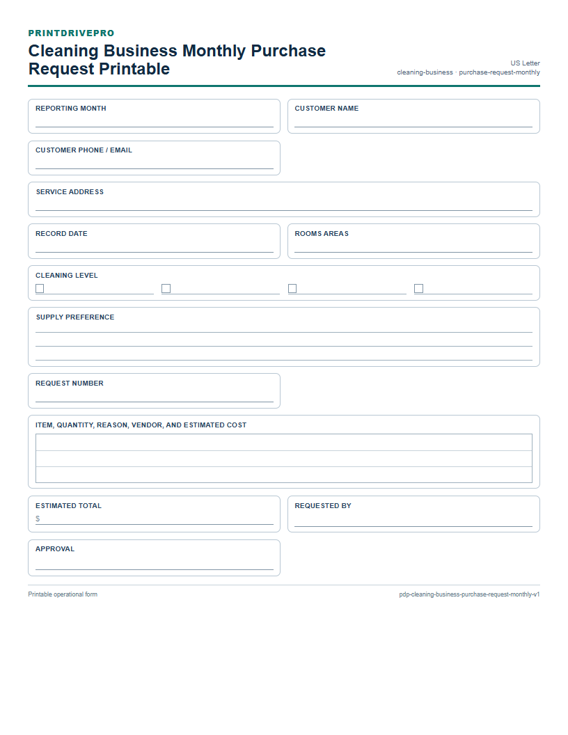 Cleaning Business Monthly Purchase Request Printable preview